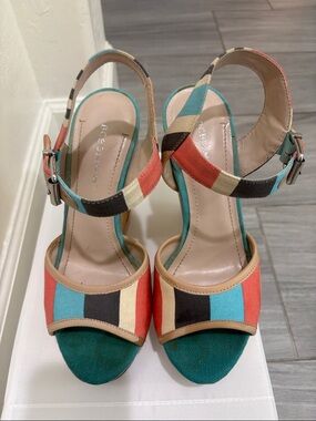 BCBGeneration Multicolor Striped Platform Wedge Sandals - Teal, Coral, Black